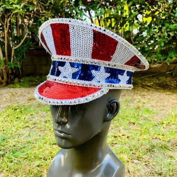 Blue Red USA / Uncle Sam Burning Man Captain Hat Music Festival Event Party Cap - Picture 3 of 3